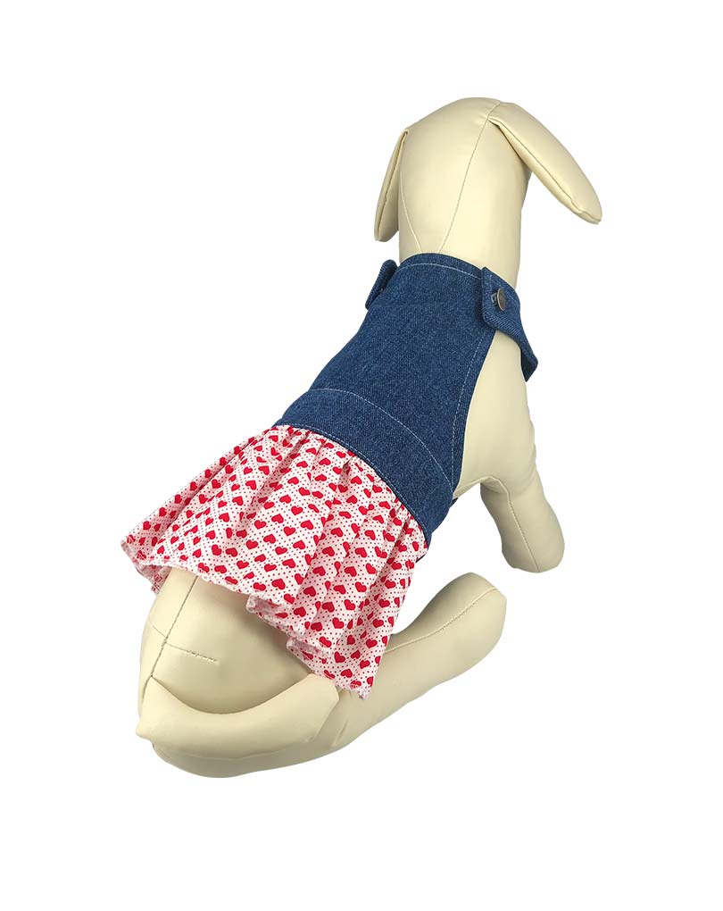 "The Valentine Red Hearts Print" Blue Denim Pleated Salopette Dress