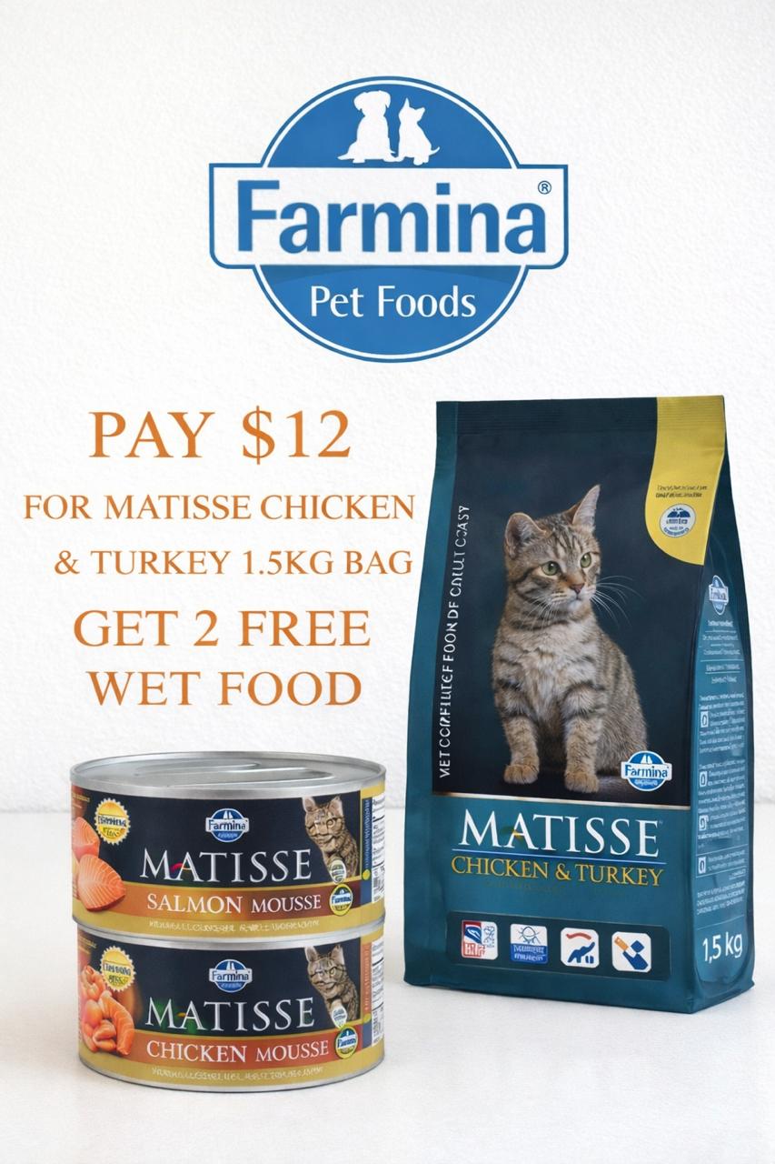 Matisse Chicken & Turkey 1.5Kg + 2 FREE wet foods 85g